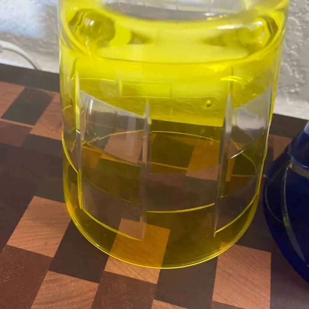 3 Vintage Hand Cut Fused Retro Cobalt Yellow Lime Highball Glass Bareware Set